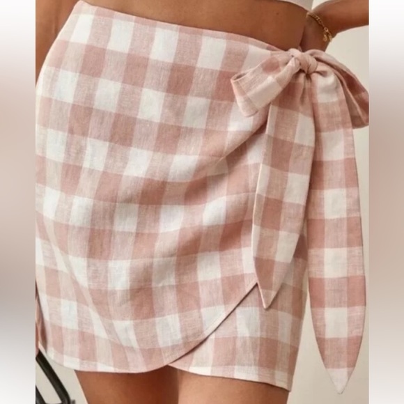 Reformation Dresses & Skirts - Reformation 100% Linen Sax Skirt Large in Primrose Check Buffalo Blush and White